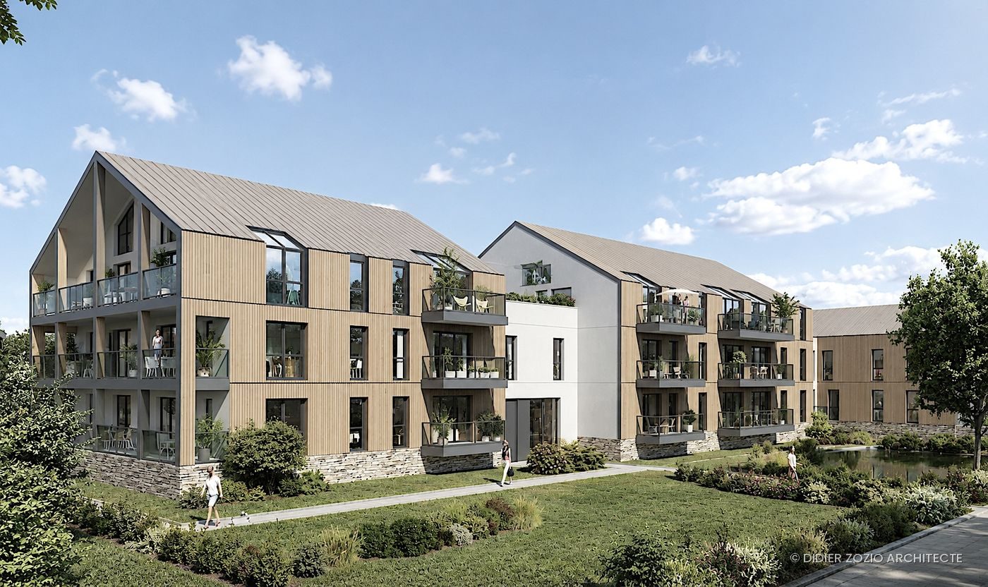 Faubourg - bâtiment neuf à pignons bois et bassin