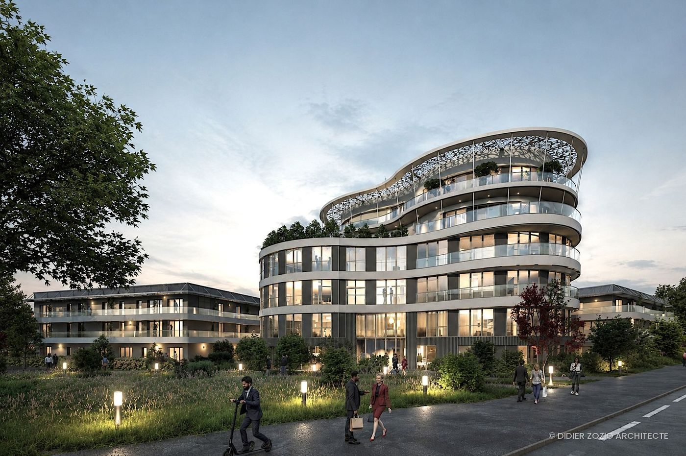 Vannerie Bureaux - vue crépusculaire et claustras verticaux