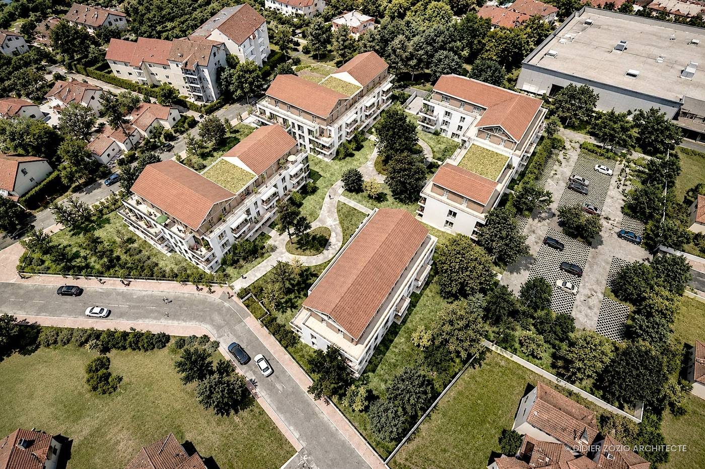 Vert Azur - détail volets vert céladon et grange contemporaine